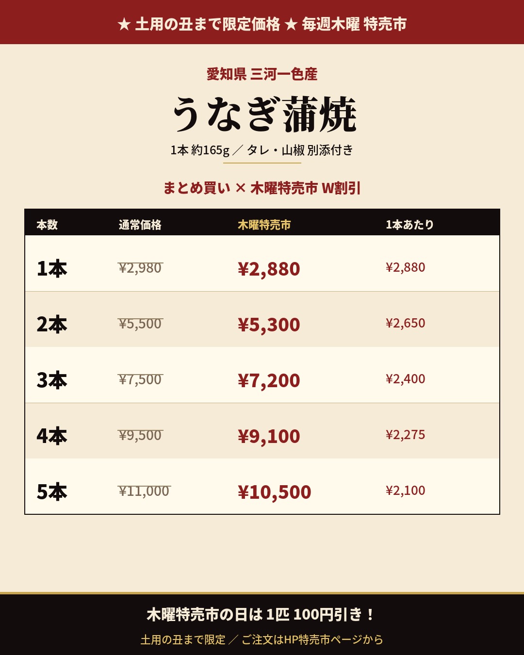 国産うなぎ蒲焼 三河一色産 価格表