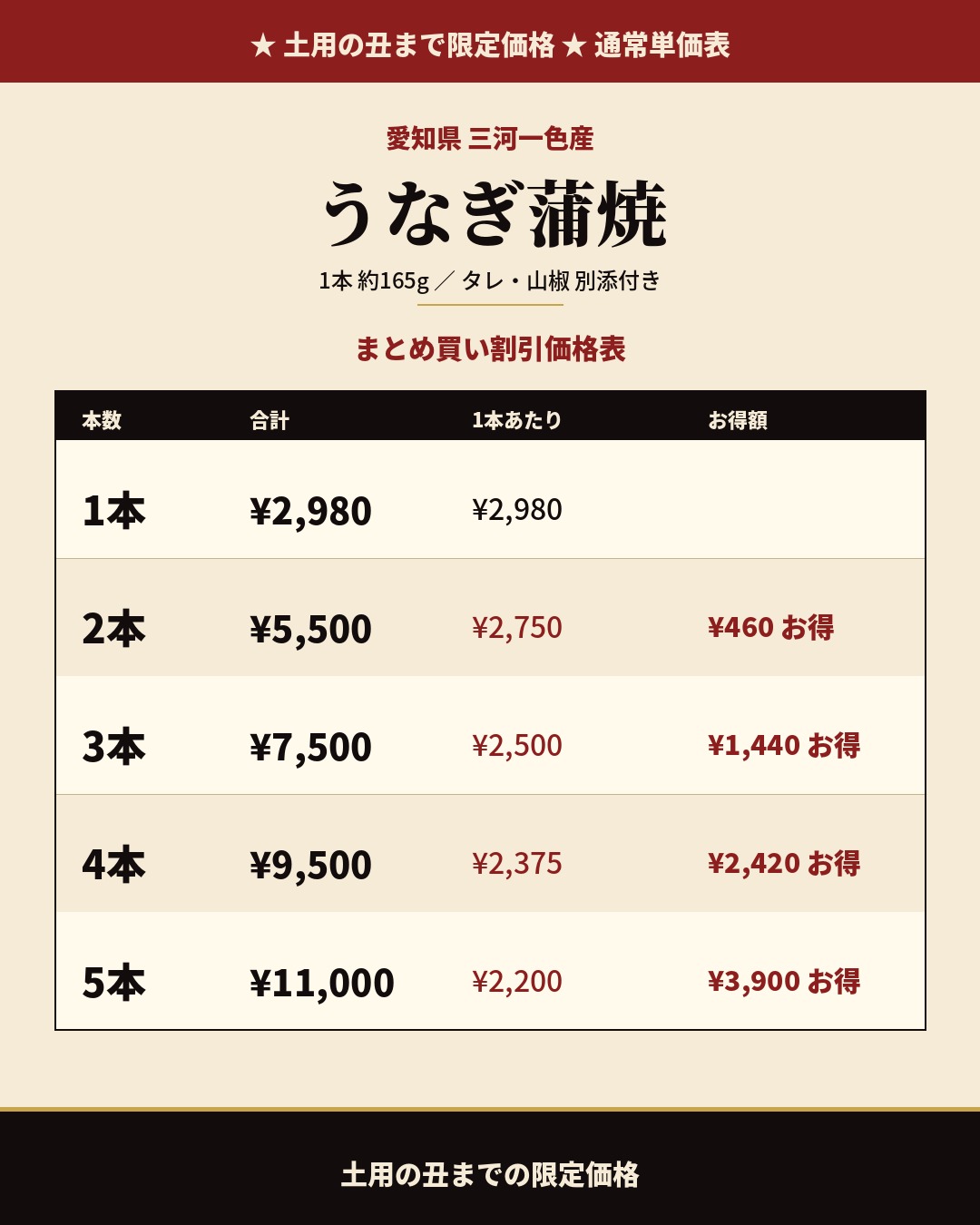 国産うなぎ蒲焼 三河一色産 価格表